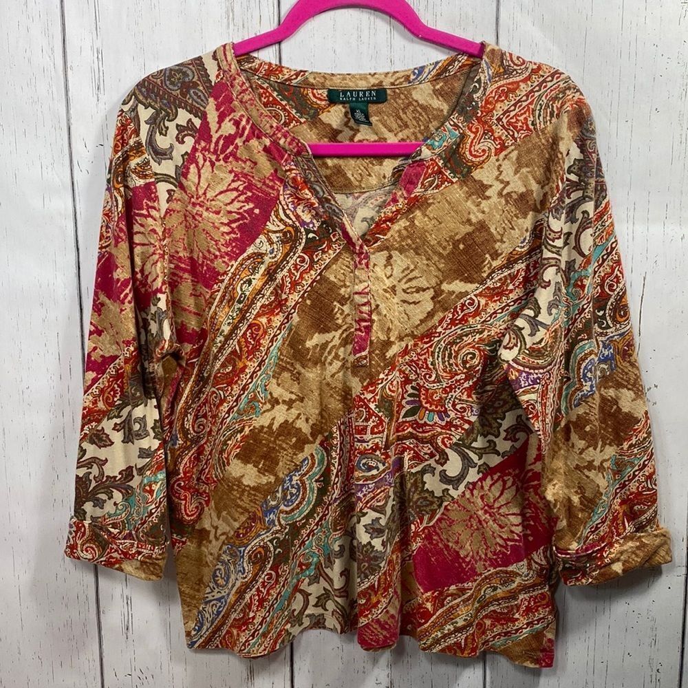 Lauren Ralph Lauren Womens Paisley Retro V Neck Cotton  3/4 Sleeve Top Shirt
